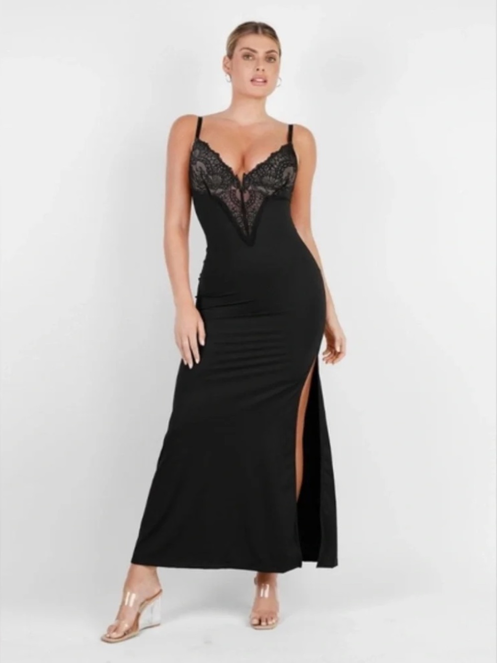 Popilush Built-In Shapewear Sexy Lace Slip Split Maxi Dress